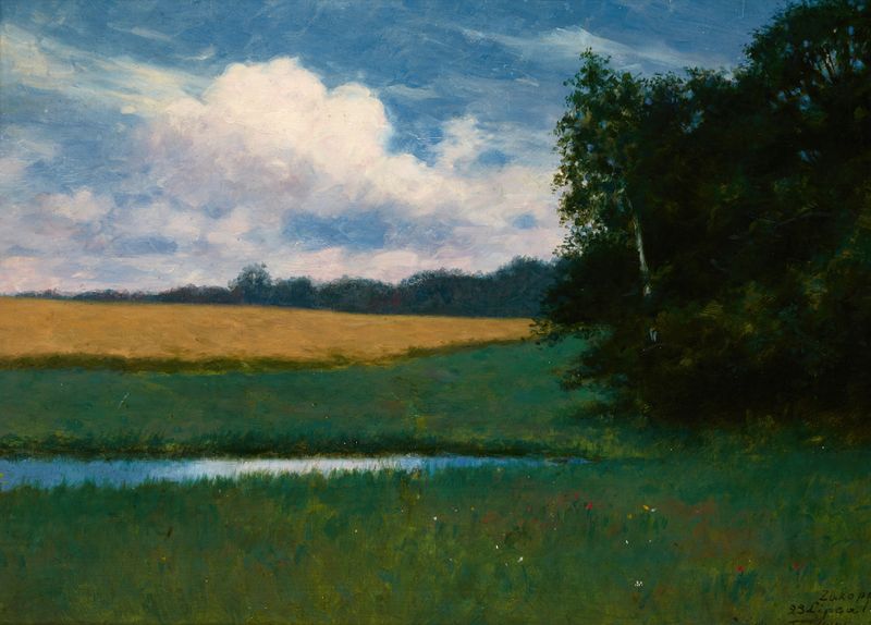 Dusk by Stanisław Witkiewicz, a landscape oil painting featuring twilight colors.