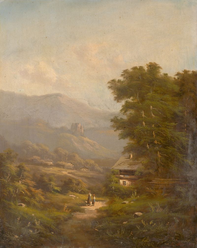 Paisaje con un camino de montaña y ruinas de castillo, óleo sobre lienzo de K. Hermann