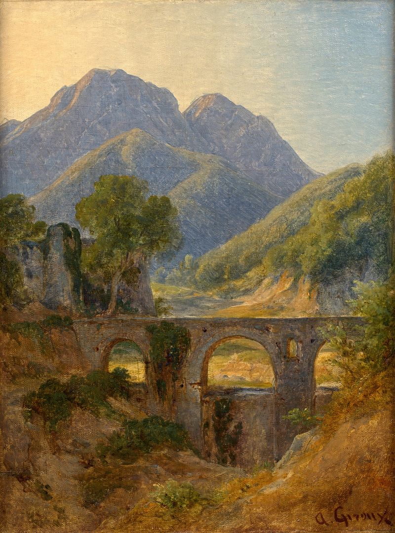 Oil painting by André Giroux depicting a serene valley with a bridge