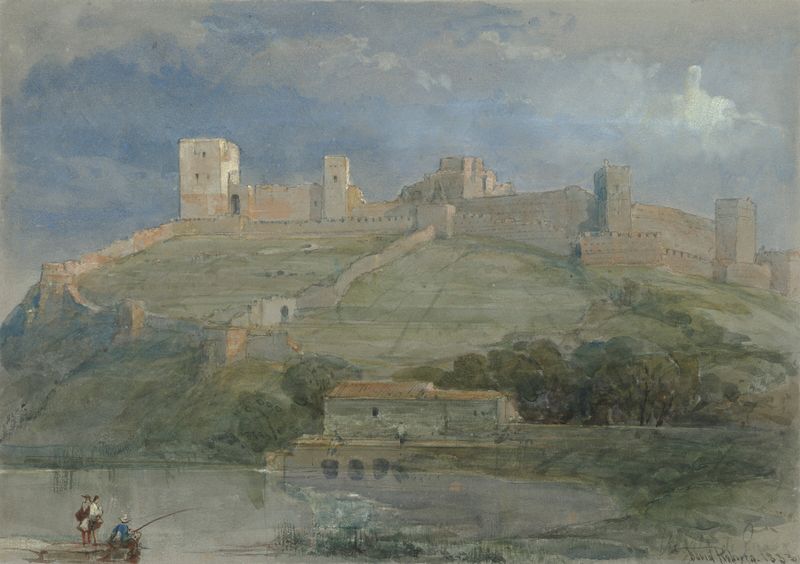 Uma vista de Alcalá de Guadaira, Espanha, pintura a óleo de David Roberts, com um rio tranquilo e colinas.