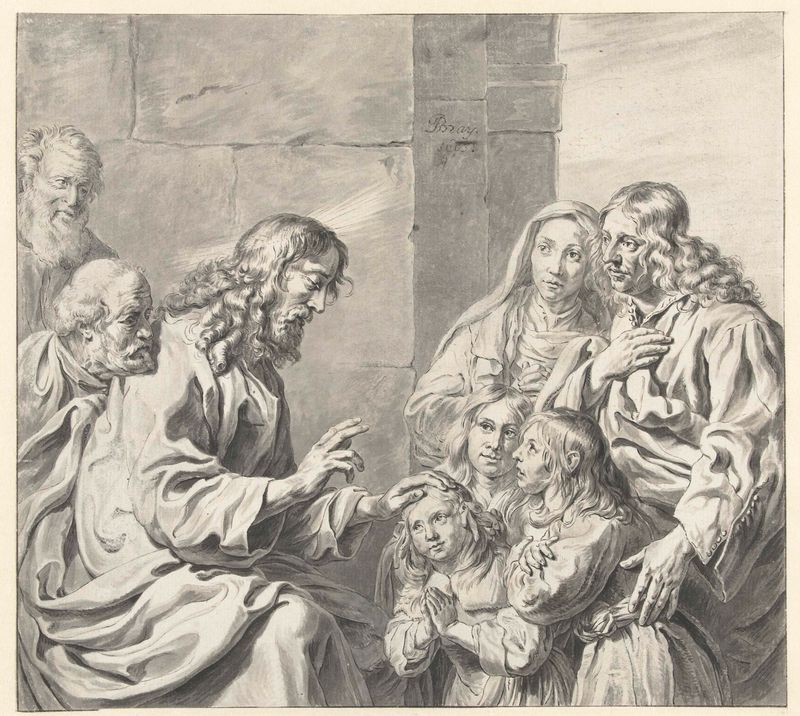 Pintura a óleo de Unknown Artist retratando crianças em uma cena religiosa com luz suave.