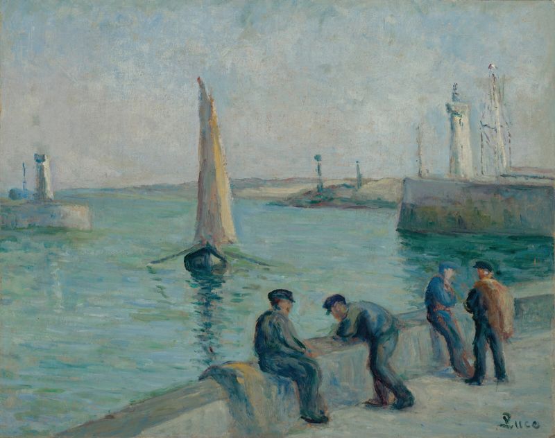 Honfleur, Pêcheurs sur le Port de Maximilien Luce, óleo sobre lienzo que representa pescadores al atardecer