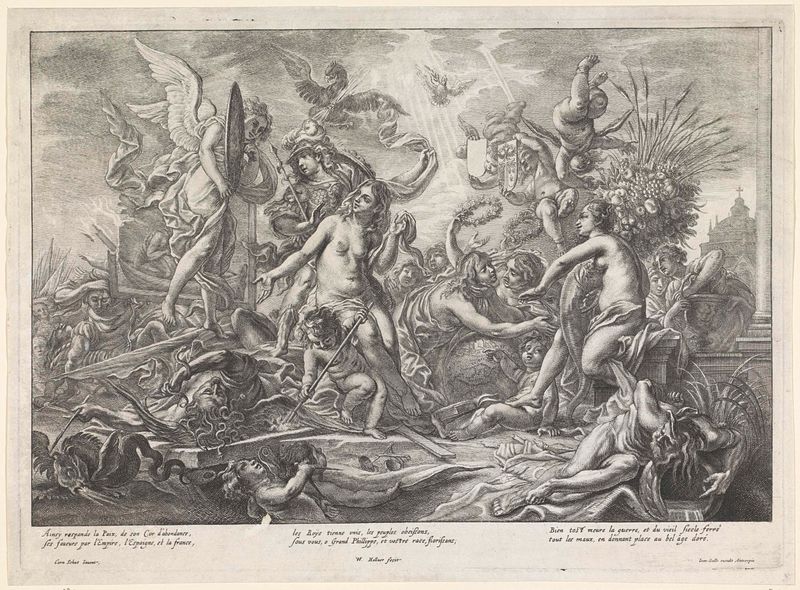 Allegorie op de Vrede van Westfalen gravura de Wenceslaus Hollar mostrando figuras iluminadas