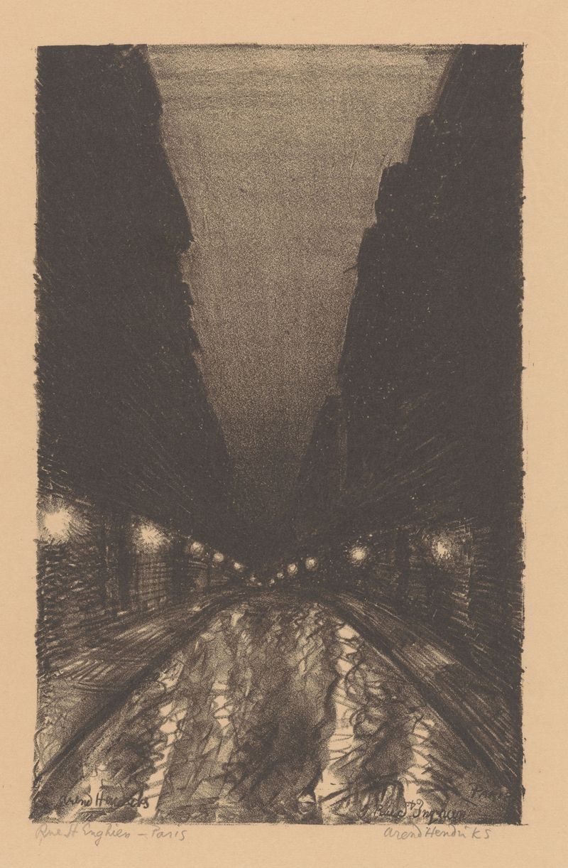Rue d’Enghien, Paris by Arend Hendriks, oil on canvas depicting an empty urban street.