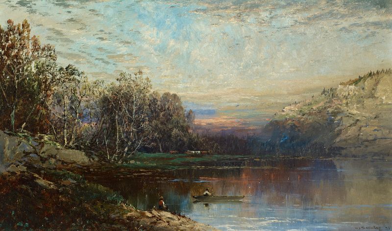 Landscape with Rowboat, oil painting by William Louis Sonntag, depicting a riverbank with a small rowboat.