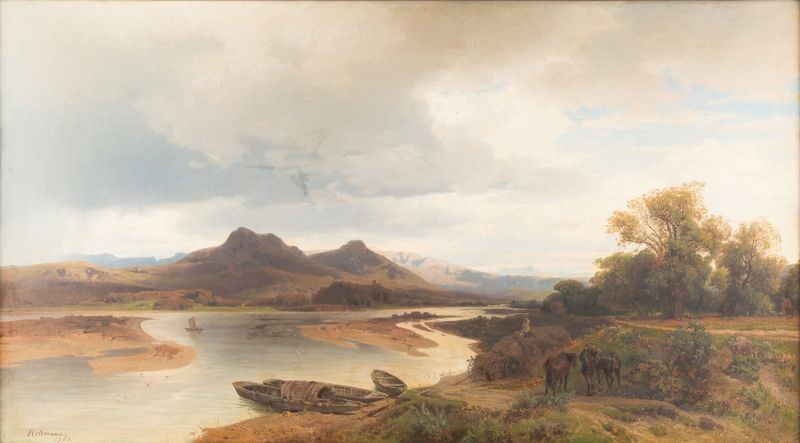 Daily chores by the river Tagliamento in Northern Italy, óleo sobre lienzo de Julius Rollmann