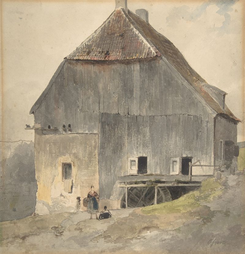 Watermill oil painting by Ernst Erwin Oehme depicting a river and lush landscape.