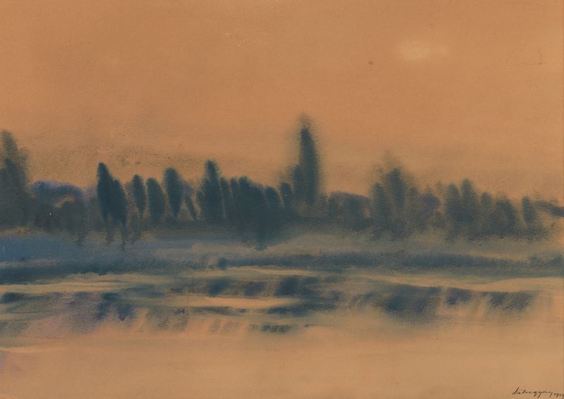 Paisagem Pós-Impressionista de Zolo Palugyay, retratando um vibrante pôr do sol.