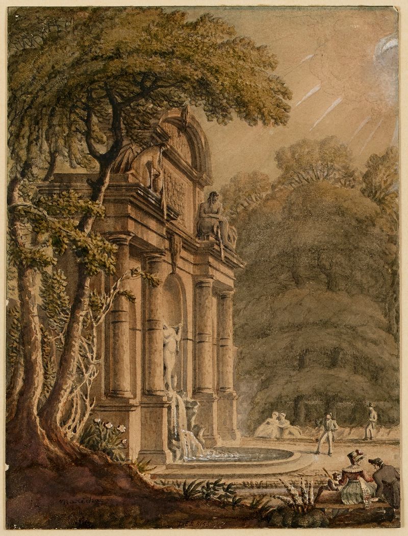 La grotte du jardin du Luxembourg by Jean Baptiste Maréchal, oil on canvas depicting a garden fountain