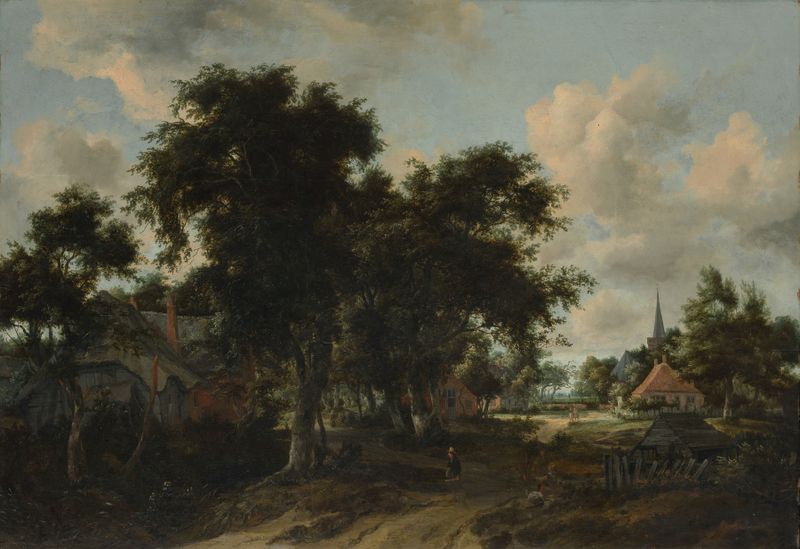 Entrada para uma Vila de Meindert Hobbema, óleo sobre tela representando um caminho de vila com vegetação.