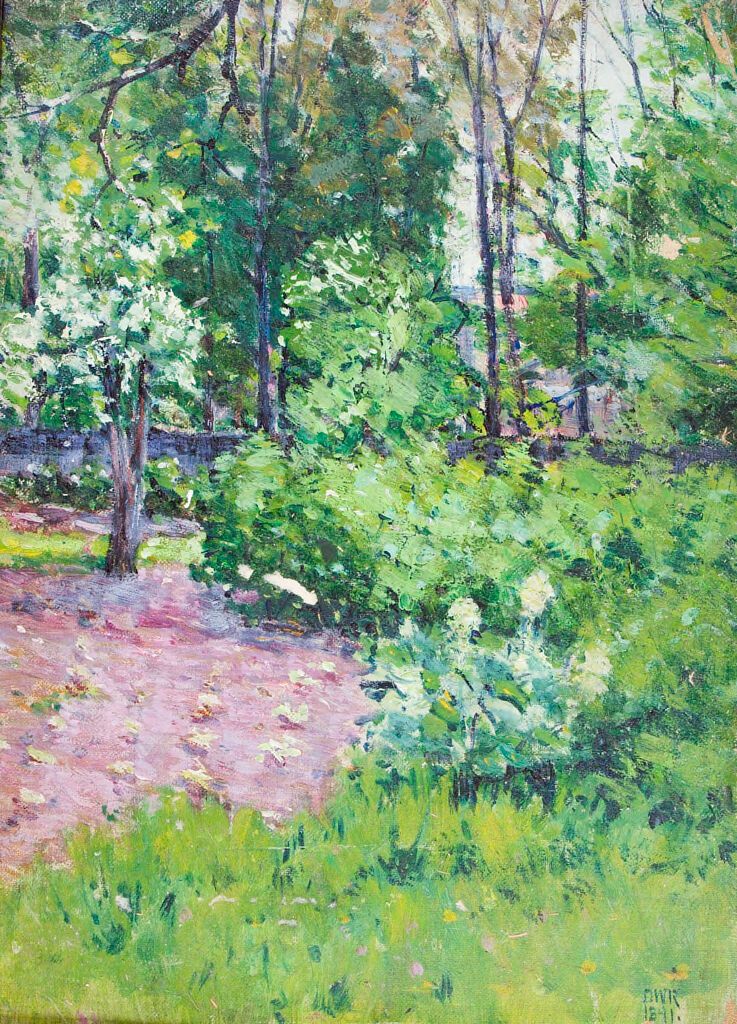 Escena de jardín con niños jugando bajo los árboles, óleo sobre lienzo de Denman Waldo Ross