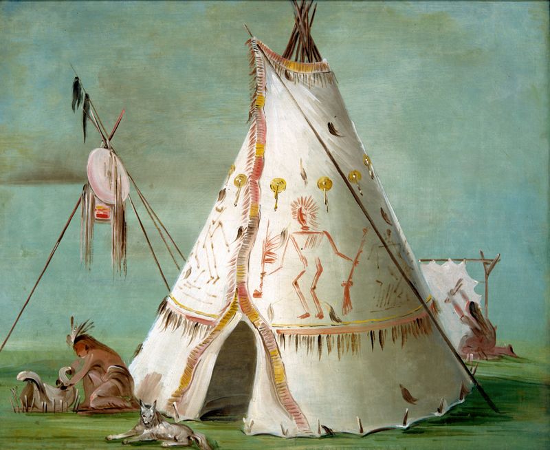 Crow Lodge Of Twenty-Five Buffalo Skins by George Catlin, oil painting depicting buffalo skins under a vast sky.