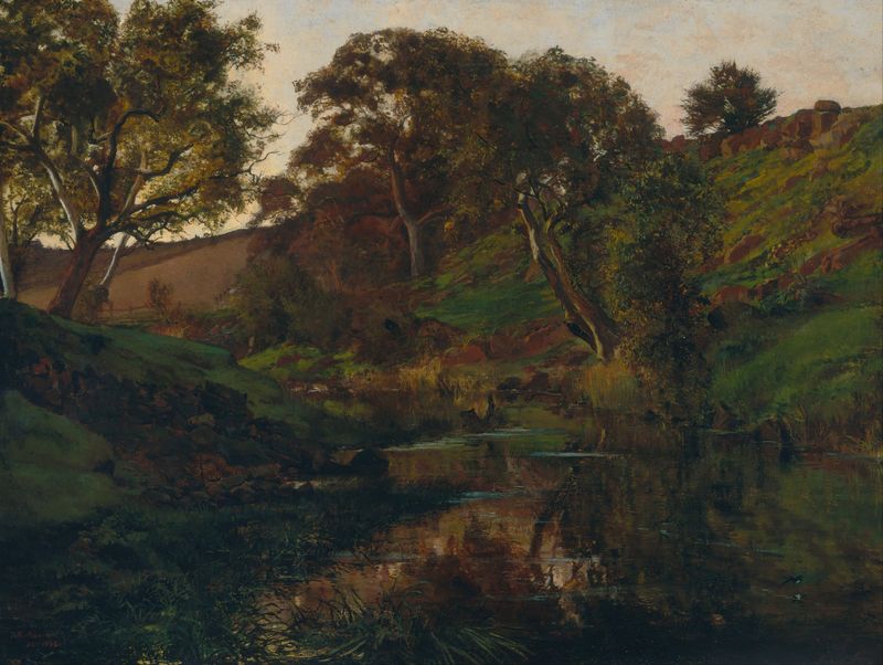 Evening, Merri Creek by Julian Ashton, oil on canvas depicting a serene river landscape