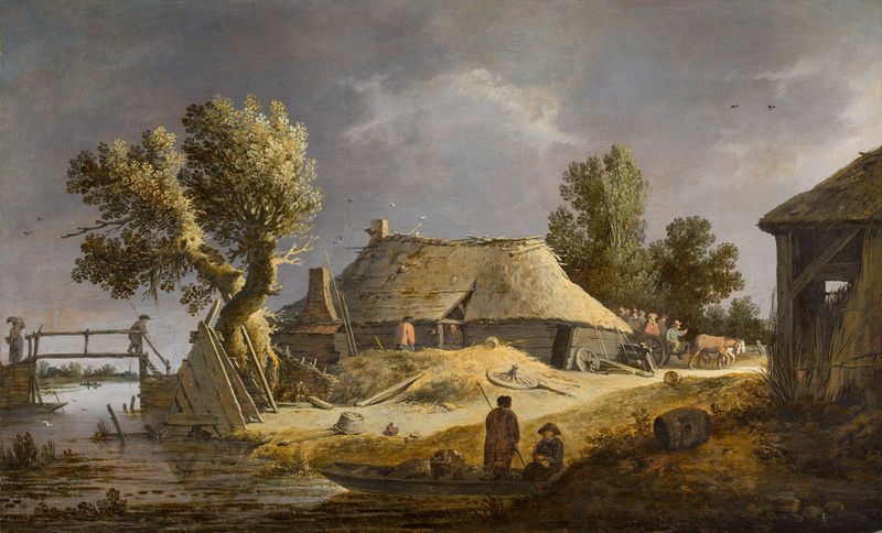Landscape with a Farmhouse by Pieter de Bloot, oil painting depicting a tranquil countryside scene.