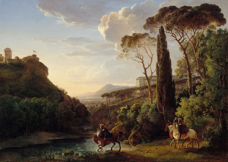 Paysage d’Italie avec trois chevaliers, oil on canvas by Pierre-Athanase Chauvin, depicting knights in an Italian landscape.
