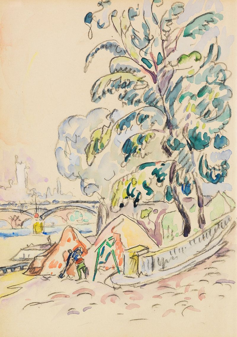 An der Pariser Seine by Paul Signac, oil on canvas depicting the Seine river with vibrant colors.