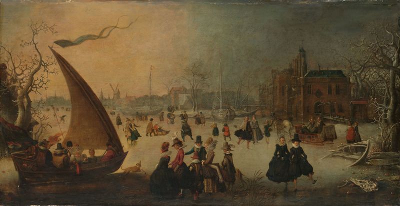 Landscape with frozen canal, skaters and an ice-boat by Adam van Breen, oil painting