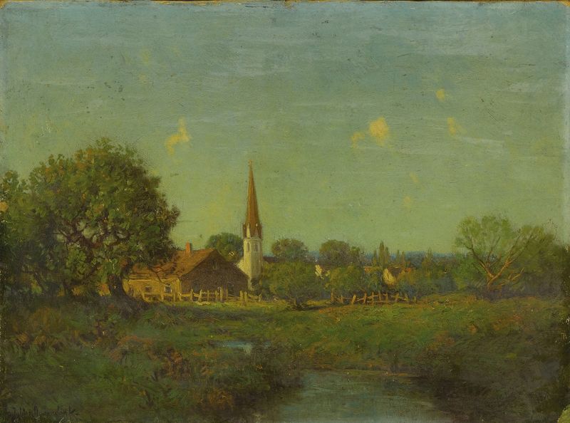 Realism oil painting by Julian Onderdonk depicting a church silhouette against a tranquil sky.