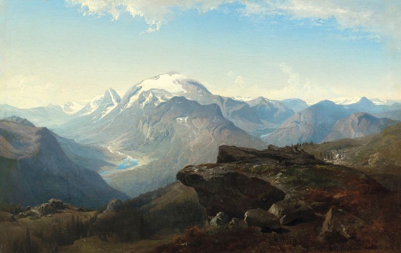 Mountain landscape oil painting by August Becker with violet and gold hues.