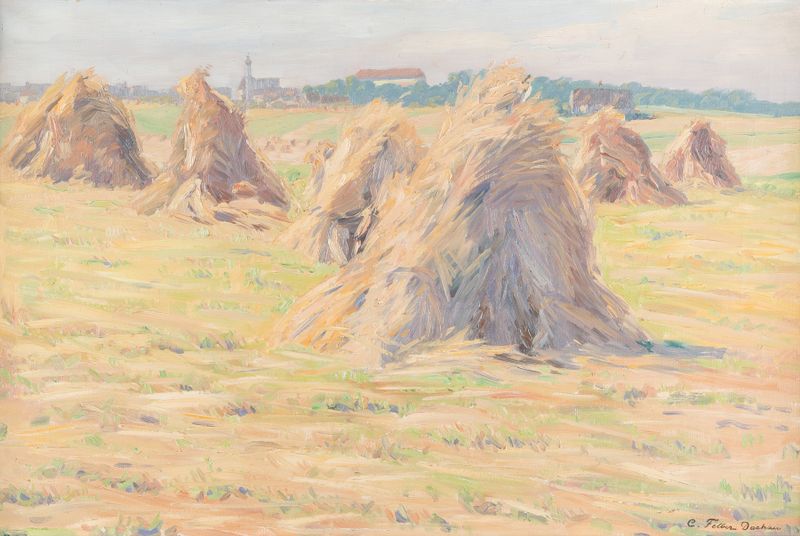 Landscape of hay harvest near Dachau by Carl Friedrich Felber, medium unknown.