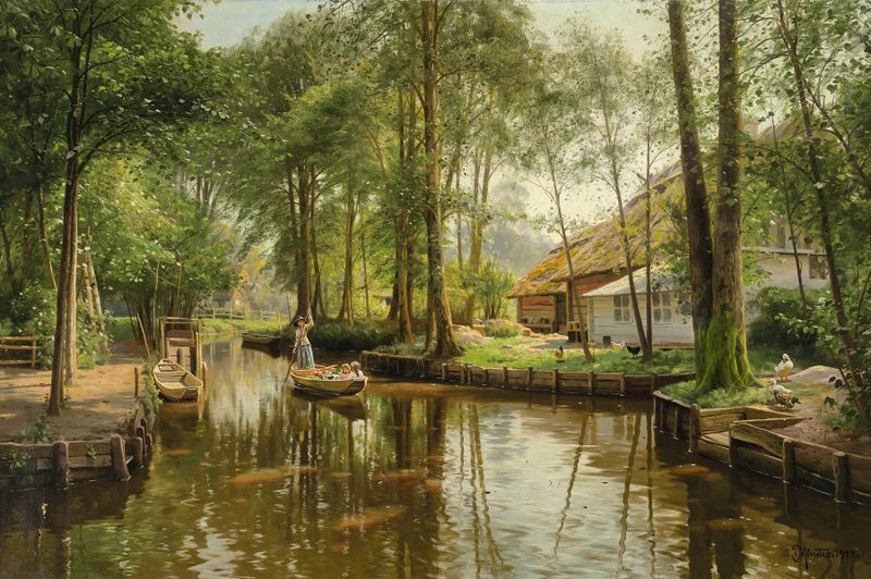 Going to Market de Peder Mørk Mønsted, óleo sobre lienzo que muestra una escena de mercado vibrante