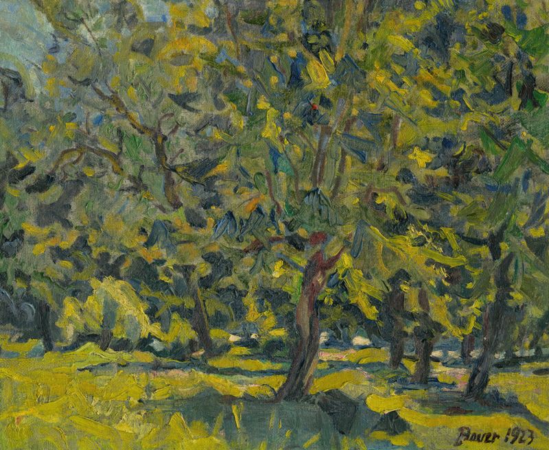 Figurative scene in a park, soft pastel colors, by Konštantín Bauer