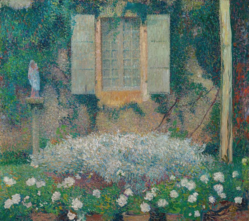 Cena interior com luz do sol em uma cozinha, flores em um vaso, pintura a óleo de Henri Martin.