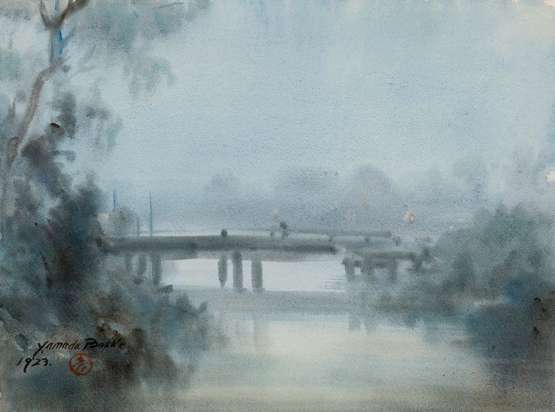 Puente en paisaje brumoso de Yamada Baske, tradicional japonés, mostrando un puente emergiendo de la niebla.