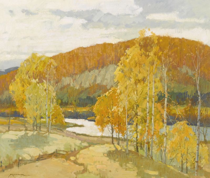 Paisaje de otoño por Frederick John Mulhaupt, pintura al óleo con cálida luz dorada.