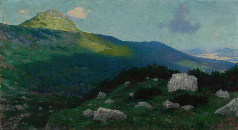 Paisaje submontano de Eligiusz Niewiadomski, pintura al óleo que representa montañas y luz.