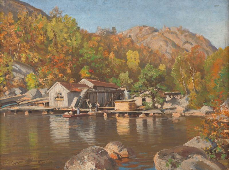 Sawmill by Johan Nielssen, realism, depicting a forest scene with machinery and sunlight.
