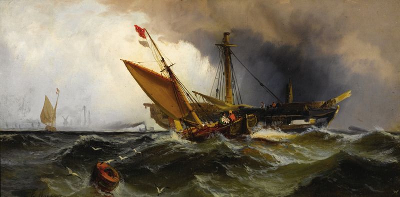 Recovering the Wreck, óleo sobre tela de Edward Moran, retratando um naufrágio em meio a ondas turbulentas.