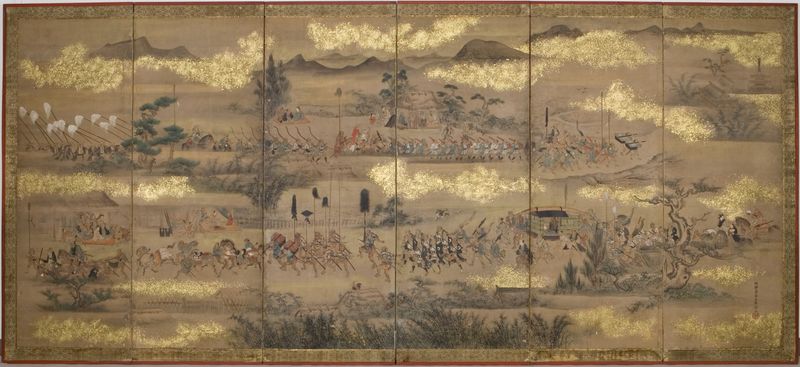 Procession of a Japanese Daimyō by Kano Eikei, paper medium depicting samurai in ornate robes and lanterns.
