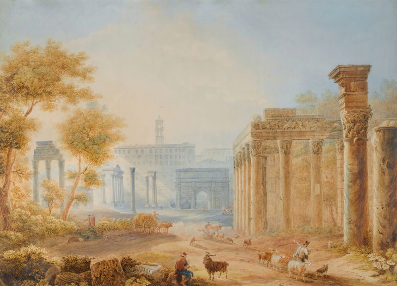 Landscape of ruins with columns, oil painting by Henri Lévêque
