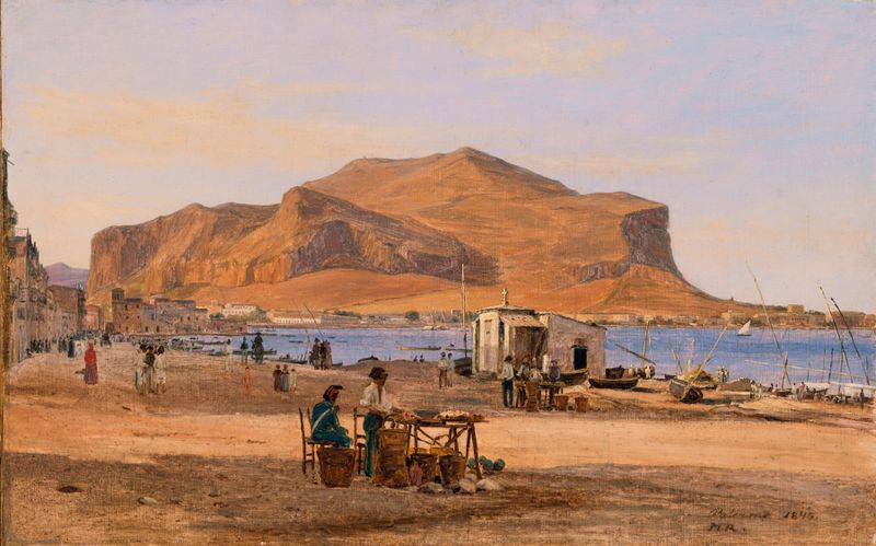 Marine scene of Palermo Harbor with boats and Monte Pellegrino, oil painting by Martinus Rørbye