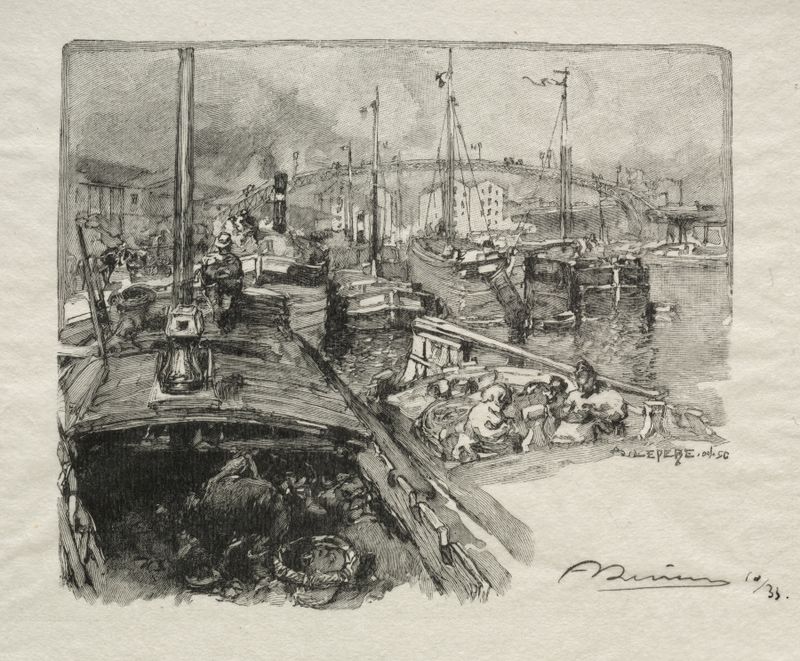 Le Bassin de la Villette by Auguste Louis Lepère, oil painting depicting water and trees in Paris.