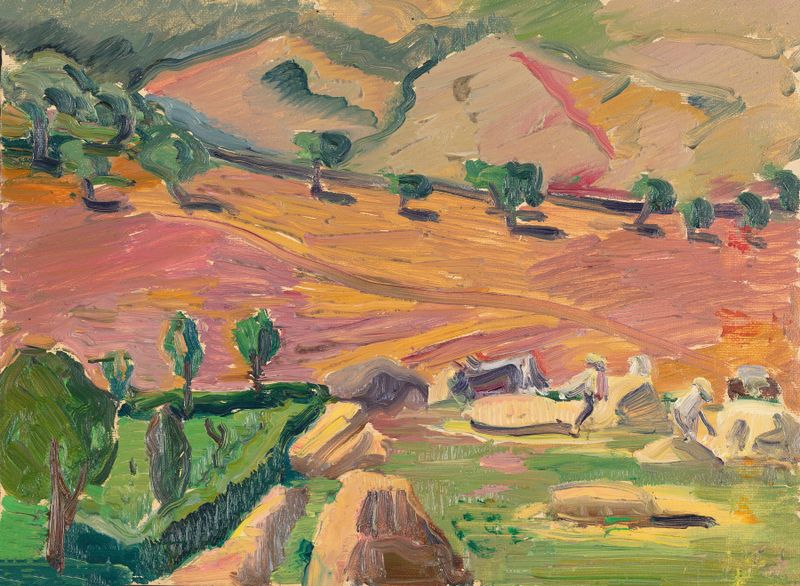 Landscape by Astrid Holm, oil on canvas depicting rolling hills and a soft blue sky