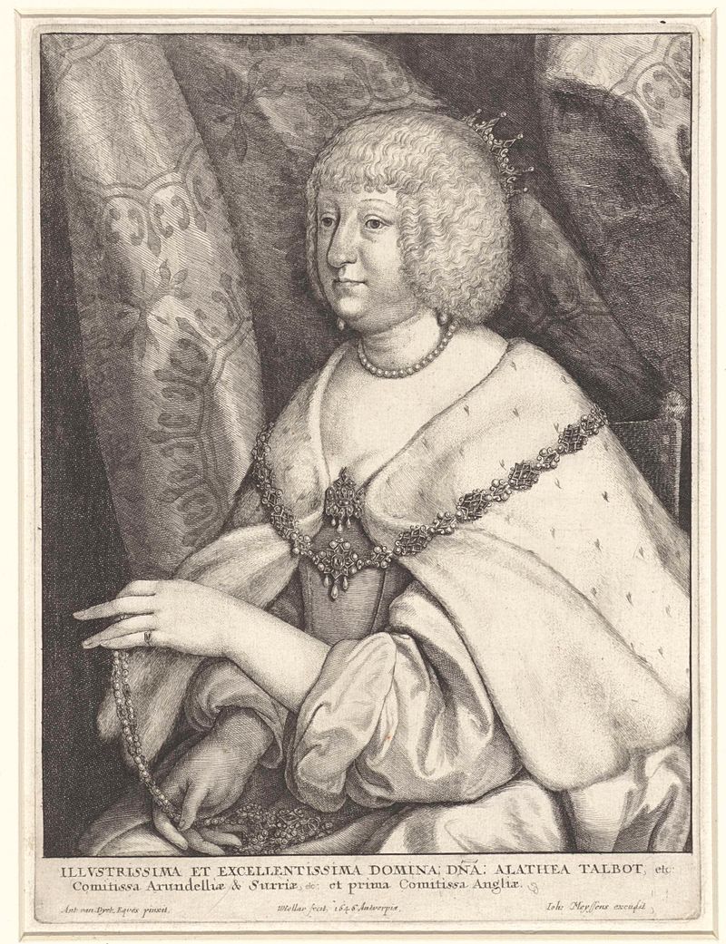 Portret van Aletheia Talbot, gravura de Wenceslaus Hollar, mostrando uma nobre em traje de renda