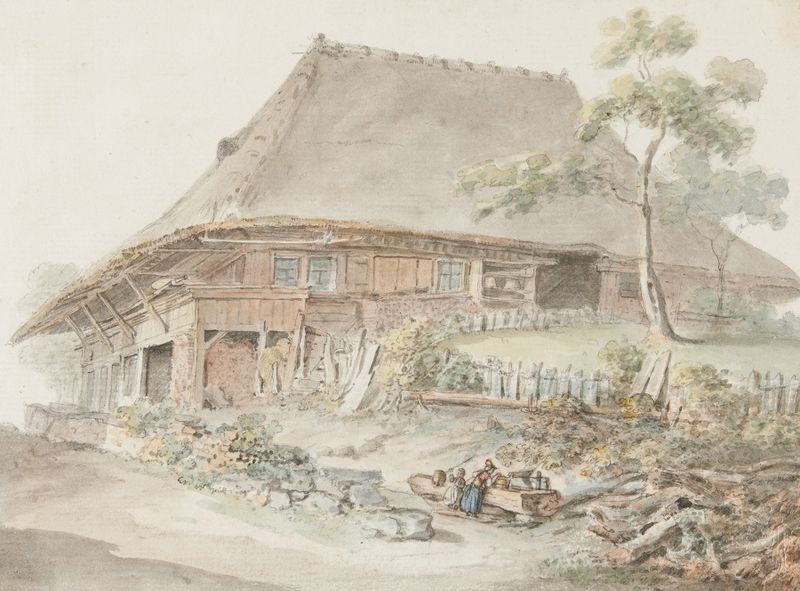 Aquarela de Johann Ludwig Aberli representando uma fazenda tranquila em uma paisagem rural