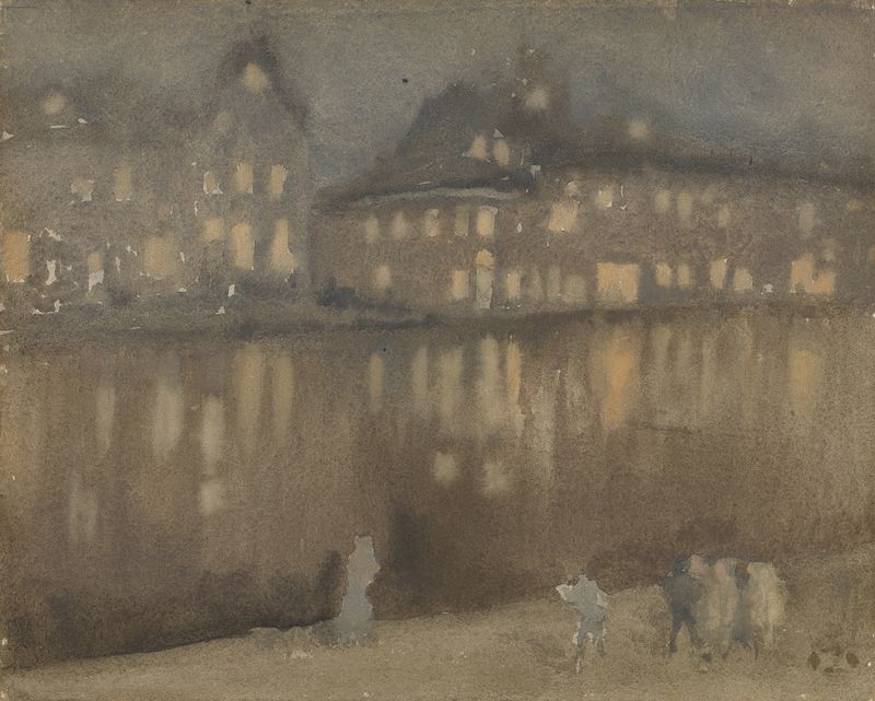 Grand Canal, Amsterdam: Nocturne de James Abbott McNeill Whistler, óleo sobre lienzo, que representa una escena nocturna t...