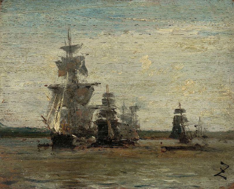 Marine scene depicting ships on the ocean by Félix Ziem, oil painting