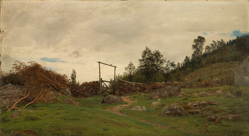 Utmark. Ølve, Hardanger de Amaldus Nielsen, óleo sobre tela mostrando colinas e um lago tranquilo.