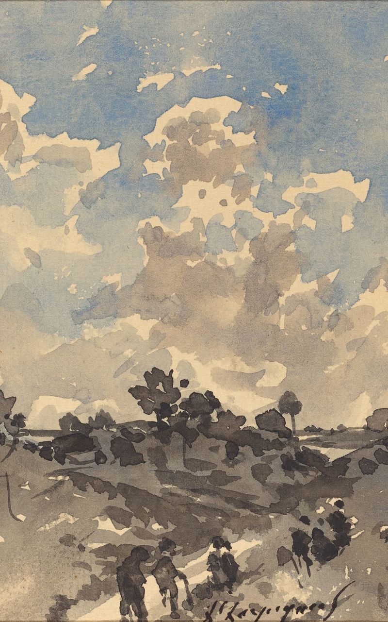 A Landscape with Figures Walking along a Path by Henri-Joseph Harpignies, oil painting of figures walking through a forest path.