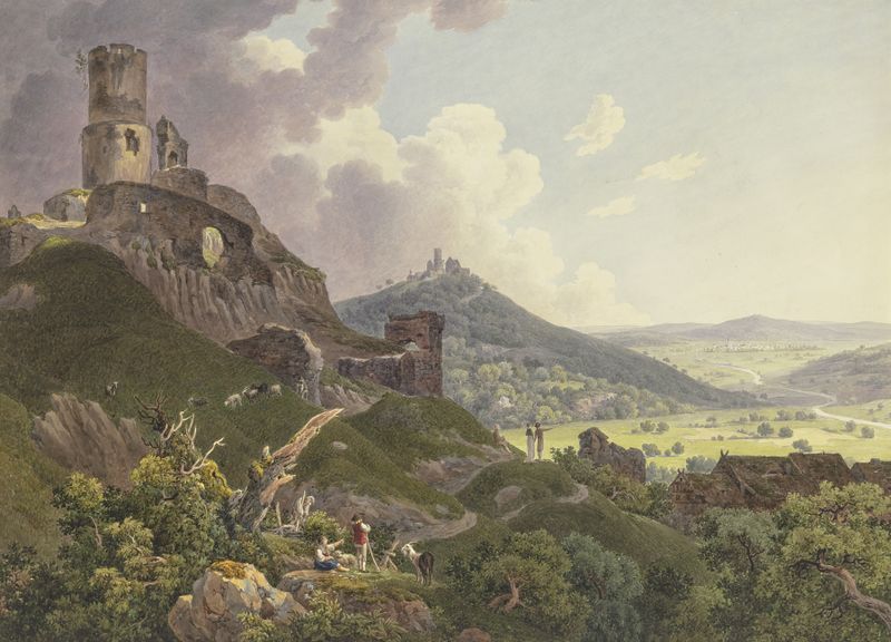 Landscape oil painting by Friedrich Christian Reinermann depicting ruins, hills, and excursionists.