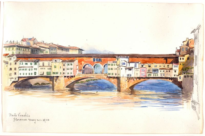 Ponte Vecchio, Florencia de George Elbert Burr, óleo que representa un puente sobre el río Arno.