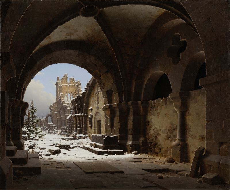 Church Ruin in Winter, oil painting by Carl Georg Adolph Hasenpflug, depicting snow-covered ruins and bare branches.