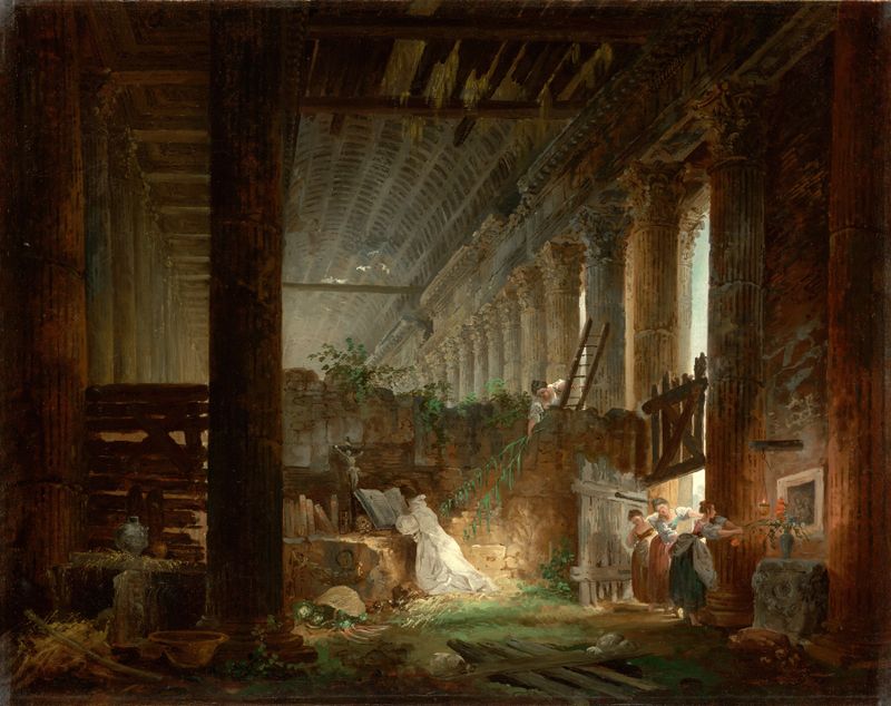 Un ermitaño orando en las ruinas de un templo romano de Hubert Robert, óleo