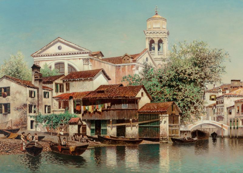 Impressionism painting by Henry Pember Smith depicting gondolas on Venice's reflective waters