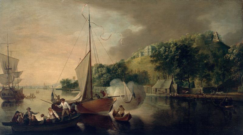 Barcos no Rio Lee ao crepúsculo, óleo sobre tela de Nathaniel Grogan
