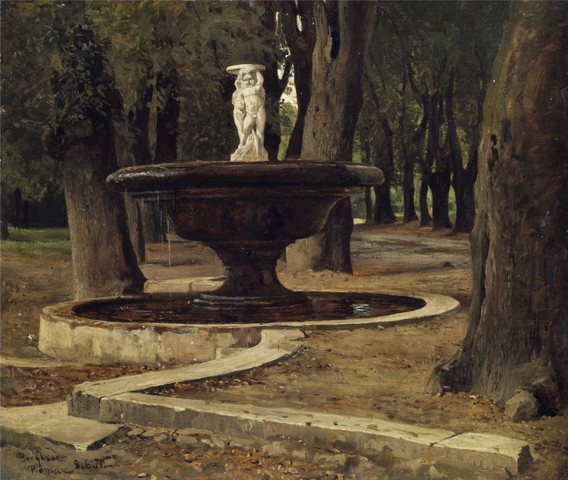 Fonte em uma cena de parque, pintura a óleo de Paul Flickel